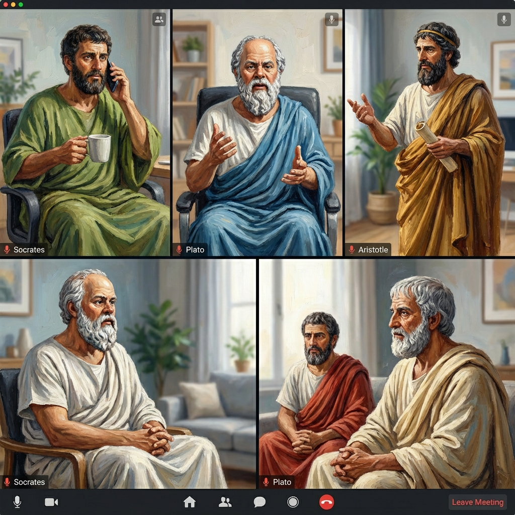 Ancient Greek philosophers in robes debating in a courtyard with columns at sunset.