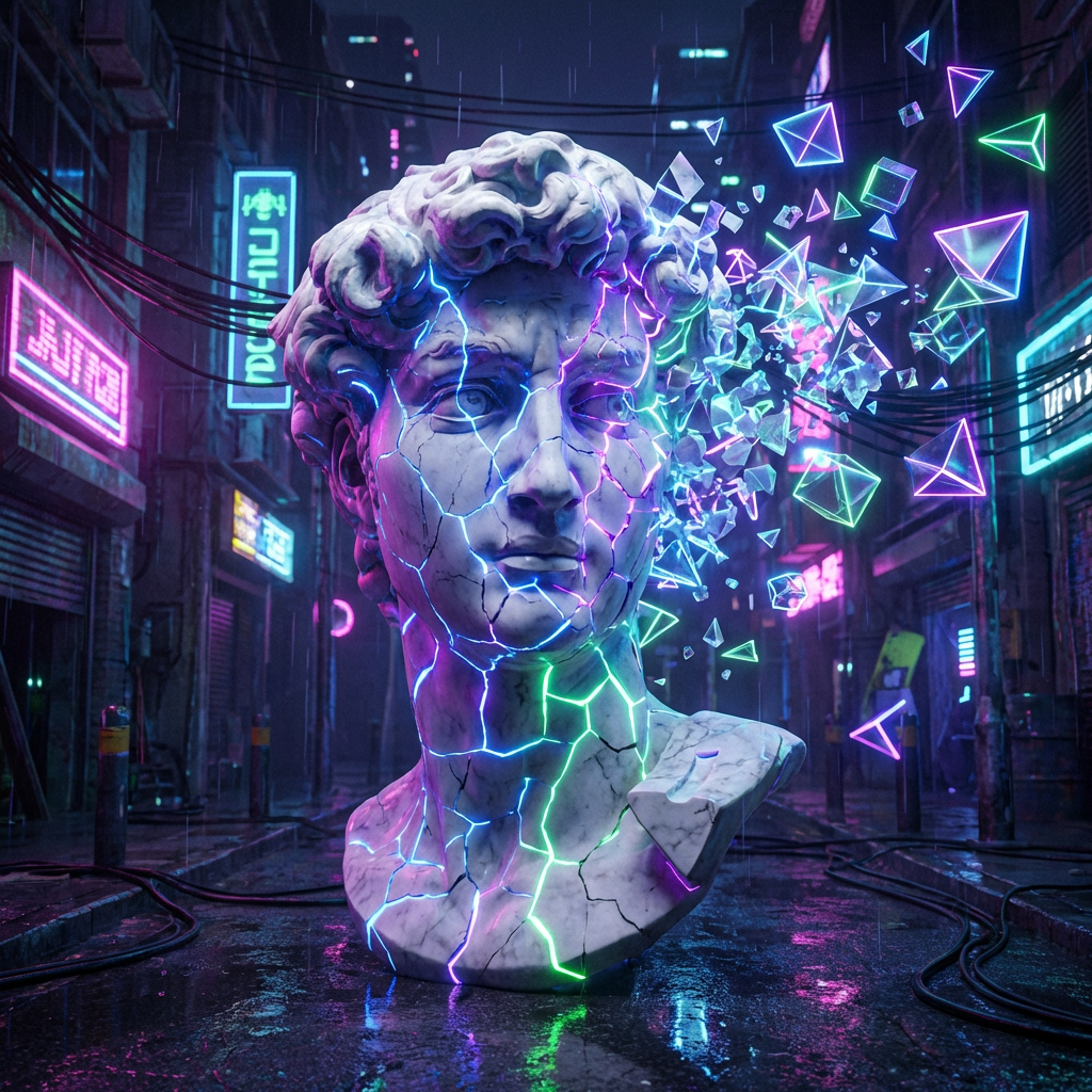 A cracked marble bust with glowing neon light in a dark rainy cyberpunk alley.