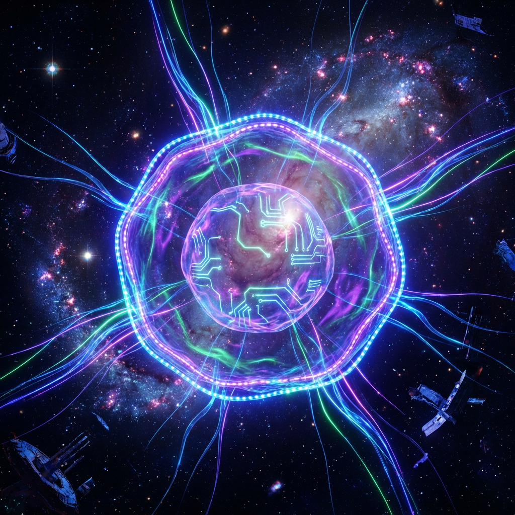 Glowing digital core with circuit patterns surrounded by energy rings in a cosmic setting.