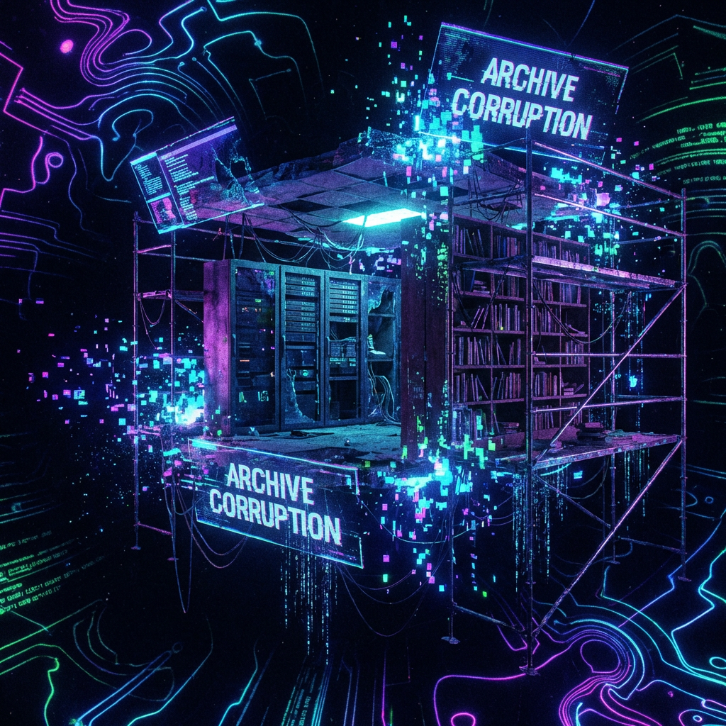 A server room and library labeled ARCHIVE CORRUPTION dissolving into digital pixels.