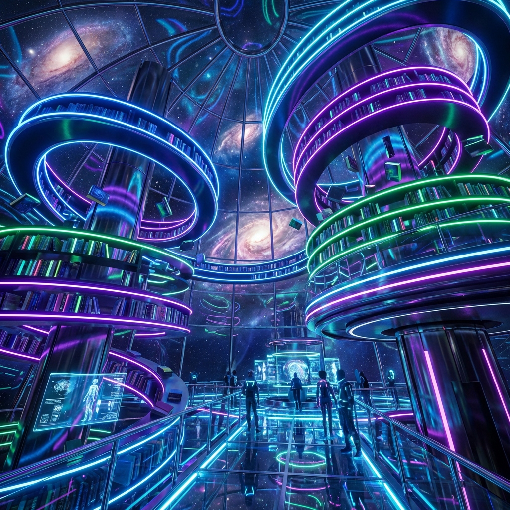 Futuristic space library with glowing spiral bookshelves under a glass dome showing distant galaxies.