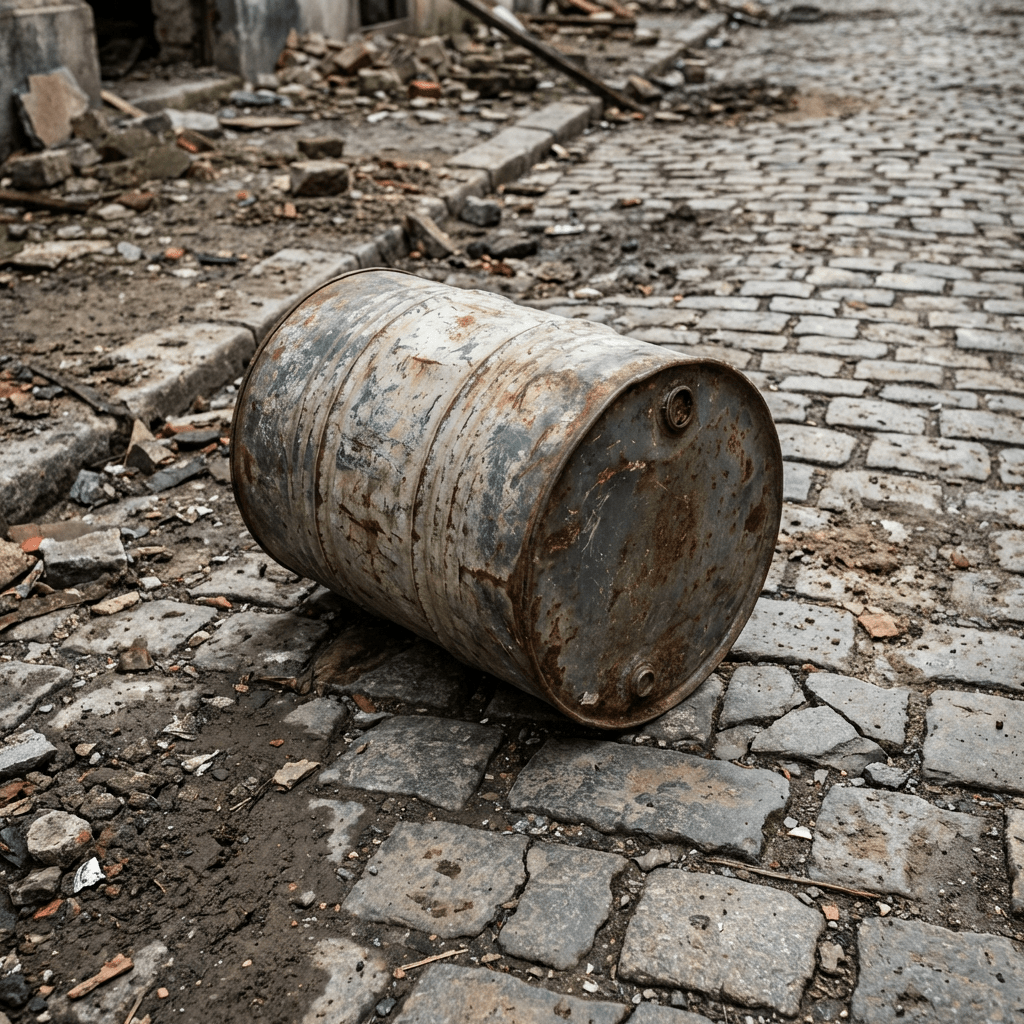 A discarded rusty metal barrel on an uneven cobblestone street surrounded by debris.