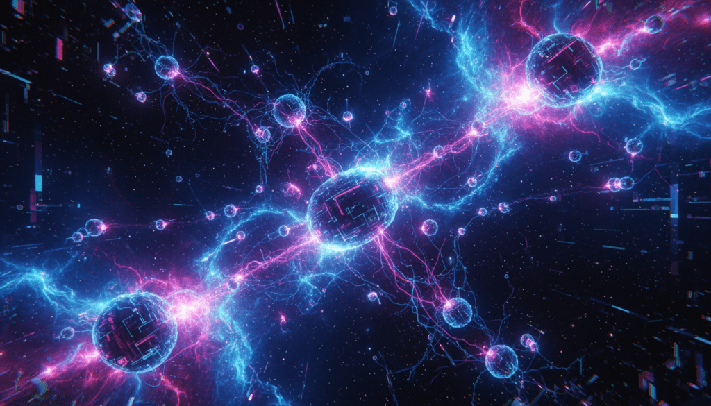 Glowing blue and pink nodes connected by electric strands in a dark digital space.