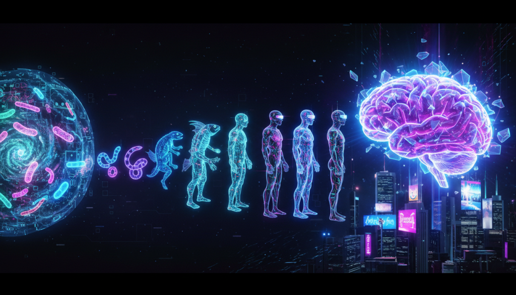 Neon evolutionary timeline from microbes to humans in VR headsets and a giant glowing brain.