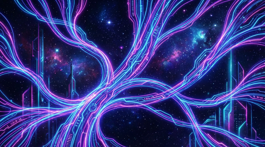 Glowing blue and pink light trails representing data streams in a futuristic cosmic city.