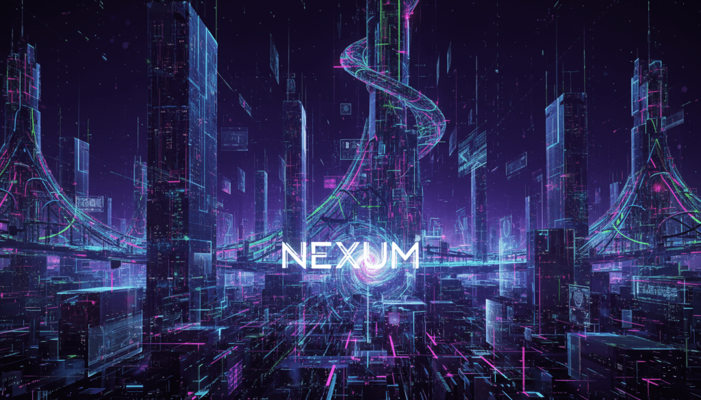 Futuristic digital city with neon circuits and the text NEXUM in the center.