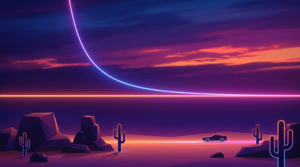 Stylized digital art of a car driving through a neon desert at sunset.