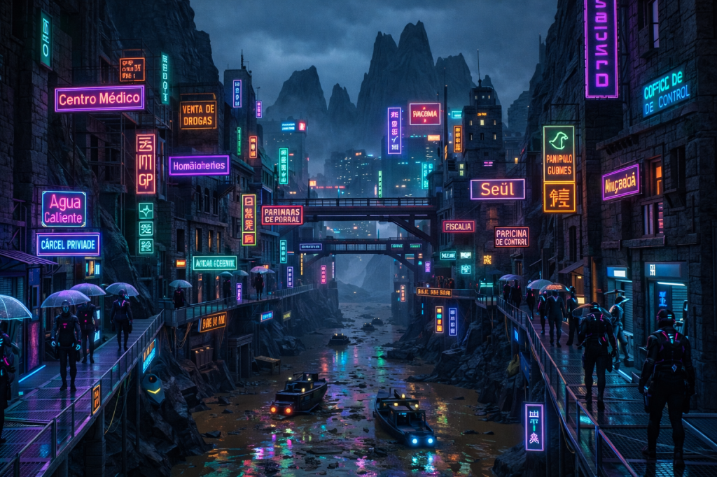 Neon-lit futuristic city built in a rocky canyon with people walking on elevated walkways above a narrow river